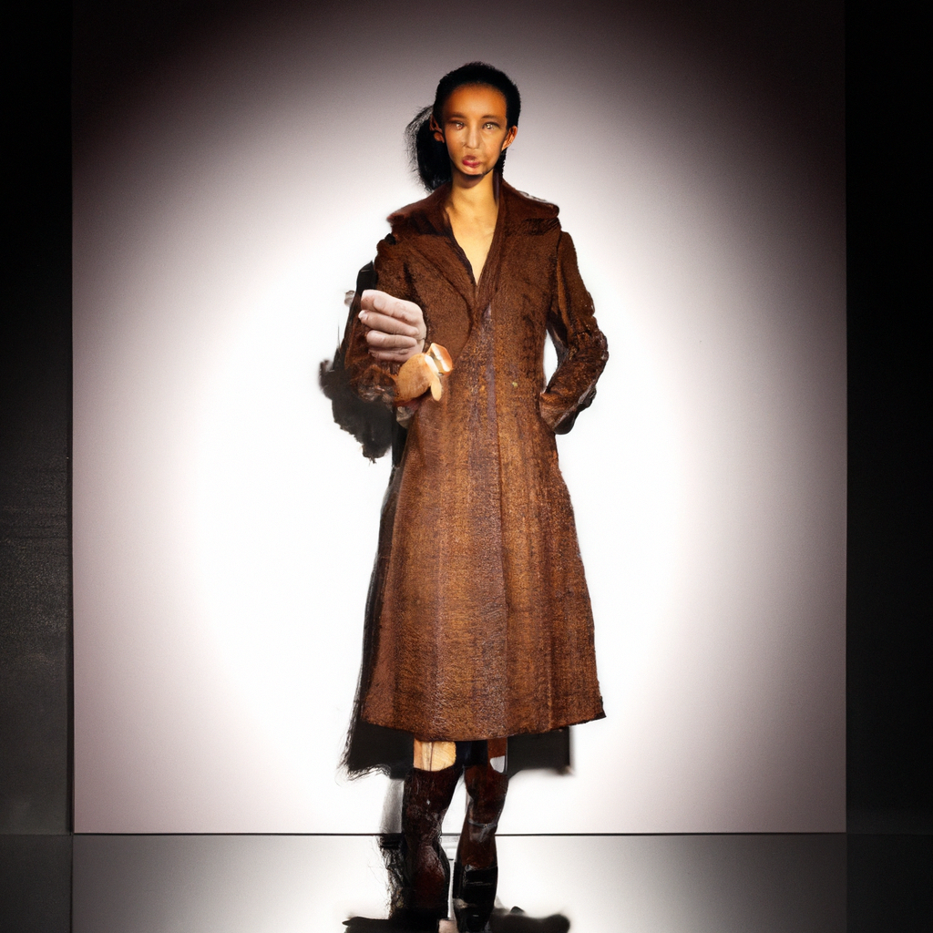 Editorial shot: model in rust coat, contrast textures